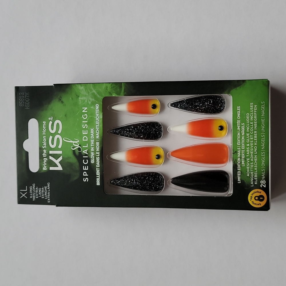 New KISS Stiletto XL Glue on Nails Halloween Candy Corn Glitter